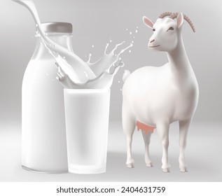 Milchflasche mit Milchsplash und weißer Ziege. 3D-Illustration