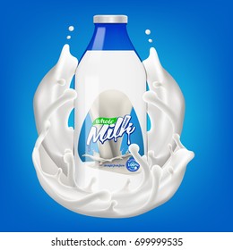 Milk bottle in splashing milk 3d vector icon illustration isolated on bright blue background. Diary natural product design