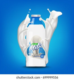 Milk bottle in splashing milk 3d vector icon illustration isolated on bright blue background. Diary natural product design