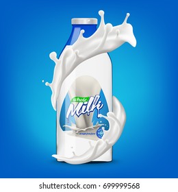 Milk bottle in splashing milk 3d vector icon illustration isolated on bright blue background. Diary natural product design