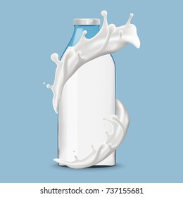 Milk bottle in splashing milk 3d vector icon illustration