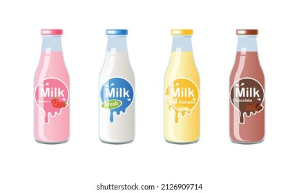 Milk bottle with strawberry, fresh milk, banana and chocolate milk label template