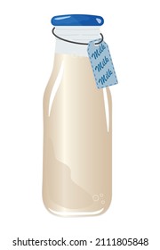 Leche en una botella con una etiqueta. Ilustración vectorial aislada en fondo blanco.