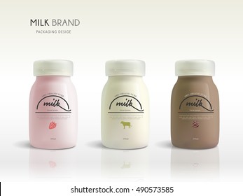 Milk bottle template design, dairy package design isolated on white background, three flavors for sale