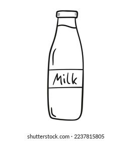 Milk bottle vector hand drawn icon. Dairy product in transparent glass bottle in doodle style.