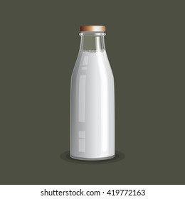 Milchflasche, Vektorgrafik. Transparentes Glas. Realistisches Objekt. Milchprodukt noch Leben. Milchblasen.