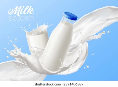 Milk bottle with wave flow splash and glass cup, realistic vector for dairy product package. Fresh milk long wave of spill or pour with drops explosion with flying glass bottle on blue background