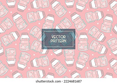Milk bottle yakult flavored fermented probiotic milk and japanese text cute abstract seamless repeat vector pink aesthetic pattern