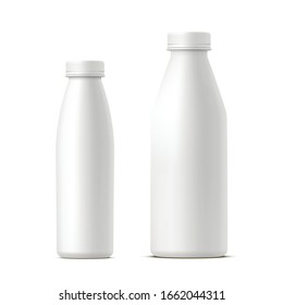 Milk bottles with caps mockup set. Bundle of clean white plastic packages for natural liquid dairy product isolated on white background. Realistic vector illustration for branding, advertisement.