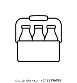Milk bottles in container icon. Black contour linear silhouette. Editable strokes. Front side view. Vector simple flat graphic illustration. Isolated object on a white background. Isolate.