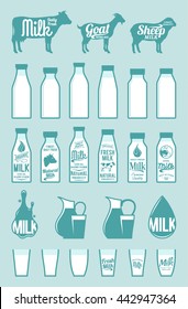 Milk bottles, glasses and design elements