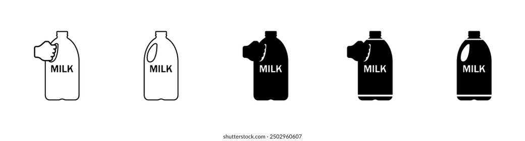 Milk bottles icons set. Gallon of milk vector icon. Hand holding a bottle of milk vector. Simple icons of dairy products vector. Vector illustration.