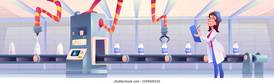 Milk bottles on factory conveyor belt with robotic arms pouring and packing production on transporter line, woman operator controlling smart industrial automation process. Cartoon vector illustration