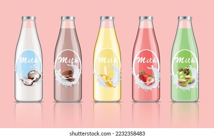 Milk bottles packages realistic set with fruit taste symbols isolated vector illustration