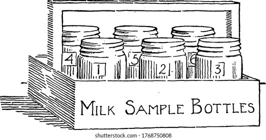 Botellas de leche utilizadas para el transporte de una muestra de leche, dibujo de la línea vintage o ilustración de grabado.