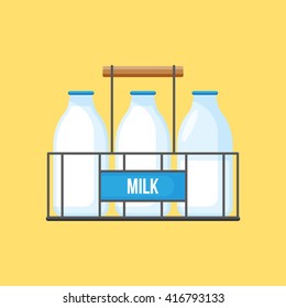 Milk bottles in wire carrier. Retro milk bottles icon for graphic and web design