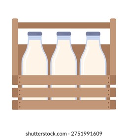 Milk bottles in wooden crate. Flat vector illustration of dairy drink container for farm product packaging, grocery design, menu, organic food branding, sticker, poster and agriculture theme.