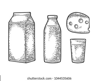 Milk Box Carton Package, Glass, Bottle, Cheese. Vector Engraving Vintage Black Illustration. Isolated On White Background.