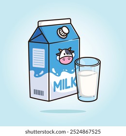 Un paquete de cartón de la caja de leche y un vaso de leche blanca. Ilustración de dibujos animados de Vector de bebida