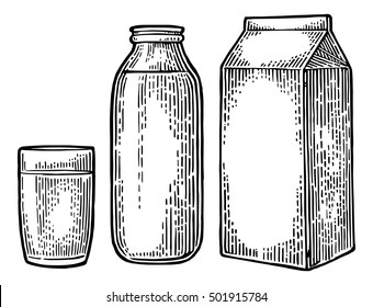 Milk Box Carton Package, Glass And Bottle. Vector Engraving Vintage Black Illustration. Isolated On White Background.