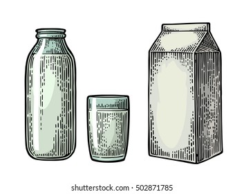 Milk Box Carton Package, Glass And Bottle. Vector Engraving Vintage Color Illustration. Isolated On White Background.