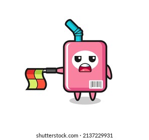 milk box character as line judge hold the flag straight horizontally , cute style design for t shirt, sticker, logo element