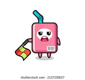 milk box character as line judge hold the flag down at a 45 degree angle , cute style design for t shirt, sticker, logo element