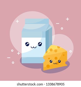 milk in box and cheese kawaii character