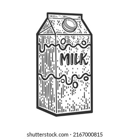 Milk box container sketch engraving vector illustration. T-shirt apparel print design. Scratch board imitation. Black and white hand drawn image.