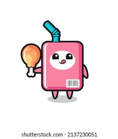 milk box cute mascot is eating a fried chicken , cute style design for t shirt, sticker, logo element