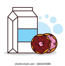 icono de la caja de leche y de los donuts sobre fondo blanco, estilo de línea y relleno, ilustración vectorial