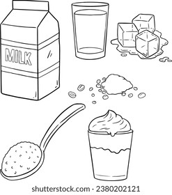 milk box element doodle line set, set of healthy breakfast icon isolated on white background. Vector illustration. Set	