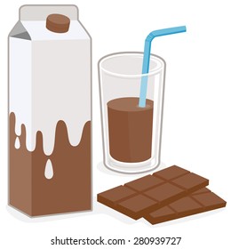 Milk Box And Glass Of Chocolate Flavored Milk And A Bar Of Chocolate. Vector Illustration