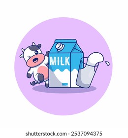 Caixa de leite com vidro e logotipo de vaca feliz. Leite de design plano. Dia Mundial do Leite.