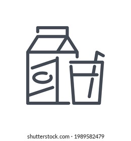 Milk box with glass with straw line icon. Package of milk vector outline sign.