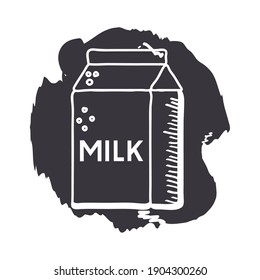 Milk Box Hand Draw And Block Style Icon Design, Drink Dairy Beverage Breakfast Fresh Natural Healthy Product And Calcium Theme Vector Illustration