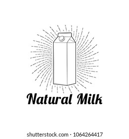 Milk box icon. Dairy logo label. Natural product. Milk in Beams. Vector illustration.