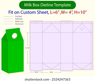  Milk Box L 6, W 4, H 10 inch dieline template. Design Editable Vectoe File