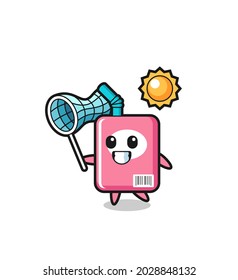 milk box mascot illustration is catching butterfly , cute style design for t shirt, sticker, logo element