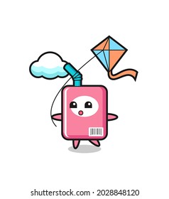milk box mascot illustration is playing kite , cute style design for t shirt, sticker, logo element
