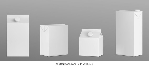 Milk box pack. Blank white carton juice mockup. 3d cardboard drink package template mock up. Realistic beverage container with cap front and side view design. Empty tetra bag clear for wrap branding