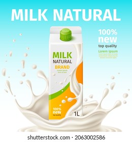 Cartel de la caja de la leche. Embalaje realista. Leche natural