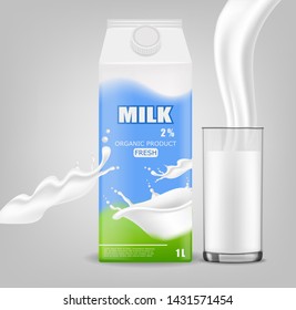 Milk box and splash milk realistic, organic white box and colored box, package mock up, farm products, gray background vector illustration