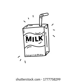 Milk box with straw vector draw in doodle style isolated on white background 