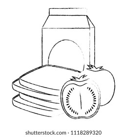 milk box with tomato and bread