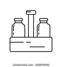Milk box with two bottles icon. Thin line art template for logo of milk delivery. Black and white simple illustration. Contour hand drawn isolated vector image on white background
