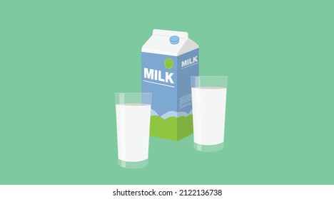 Milk Box and Two Glasses. Vector editable illustration