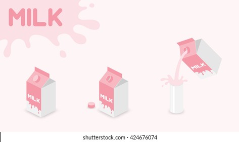 Milk box UHT (ultra-high temperature-treated milk) strawberry favor pink color, Pouring Milk in the glass  and MILK text splash on pink background with copy space