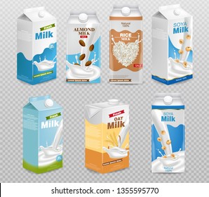 Milk boxes isolated on transparent background Vector realistic. Collection of regular milk, oats, soy, rice and almond milk. Realistic 3d illustration sets