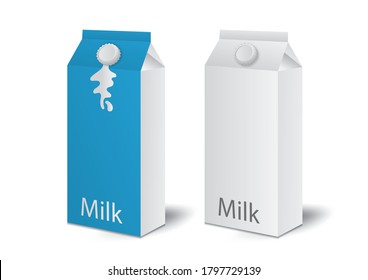 Cajas de leche, Cajas de jugo que establecen Vector realista. Paquetes de simulación. Embalaje 3D de bebidas de papel blanco. diseño de producto
